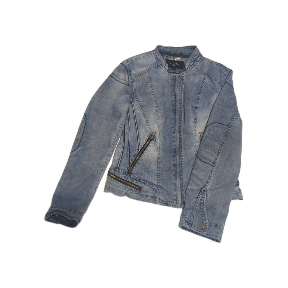 Coalition LA Denim Jean Jacket womens S moto indie sleaze funnel collar biker